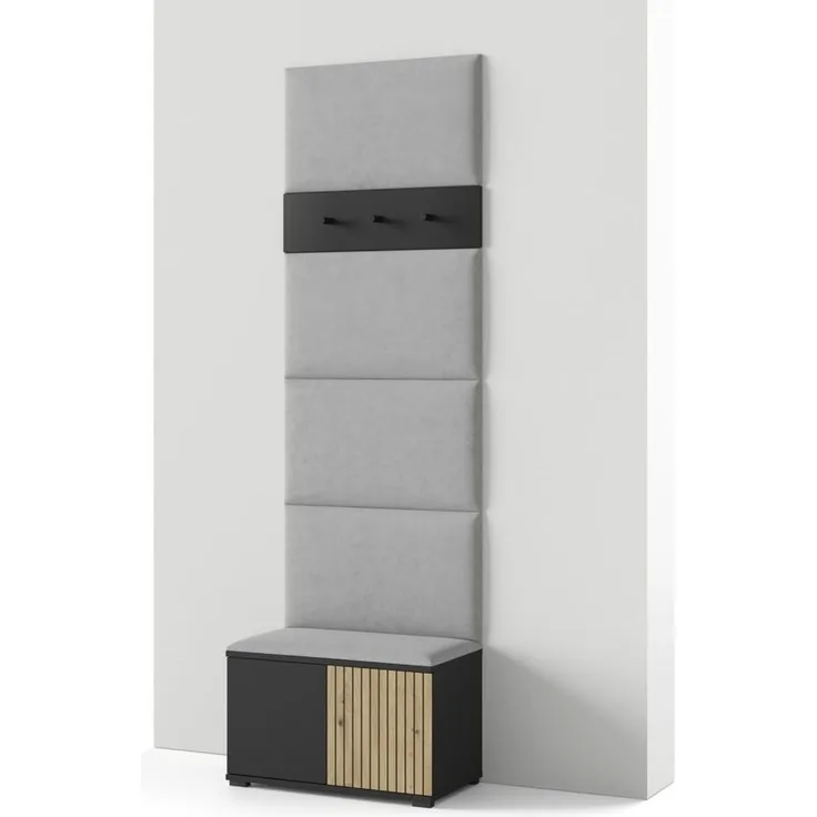 Garderoben-Set Rosario Version 6 mit Lamellen, mit Polsterplatten und Schuhschrank (Schwarz / Eiche Artisan, Trinity 14), 225 x 40 x 70 cm