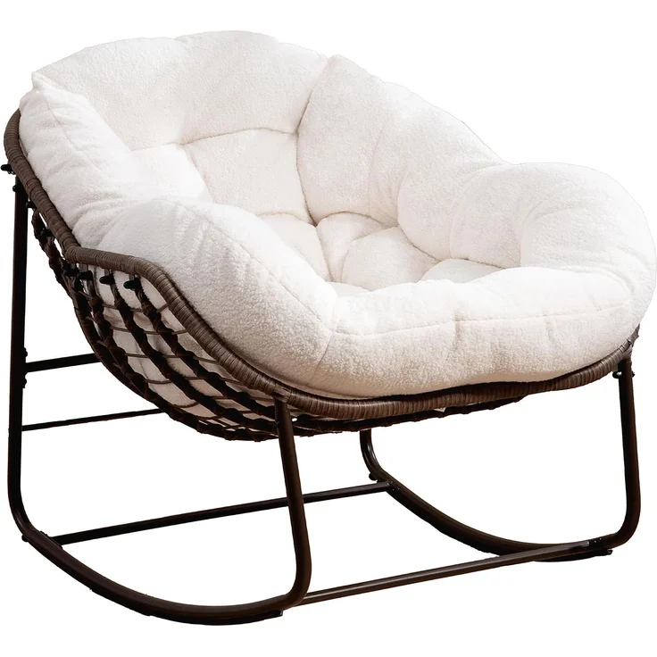 LVHOM Schaukelstuhl mit gepolstertem Kissen, Rattanstuhl mit Stahlrahmen, Lounge Sessel, Schaukelsessel, 1 St, für Balkon/Garten/Wohnzimmer/Schlafzimmer – Bild 2