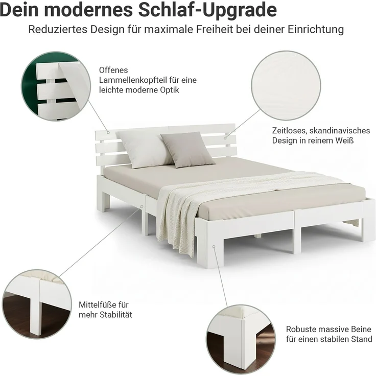 Holzbett mit Federkernmatratze 180x200 Bett Weiß Doppelbett Holzbettrahmen Massiv Holz Lattenrost – Bild 4