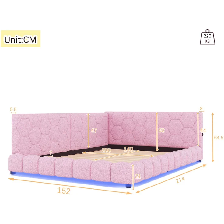 Daybett 214 × 152 × 64,5 cm ,140 × 200 cm Liegefläche – Vliesimitat & MDF,16‑Farben LED, USB/Typ‑C, Rosa – Bild 6
