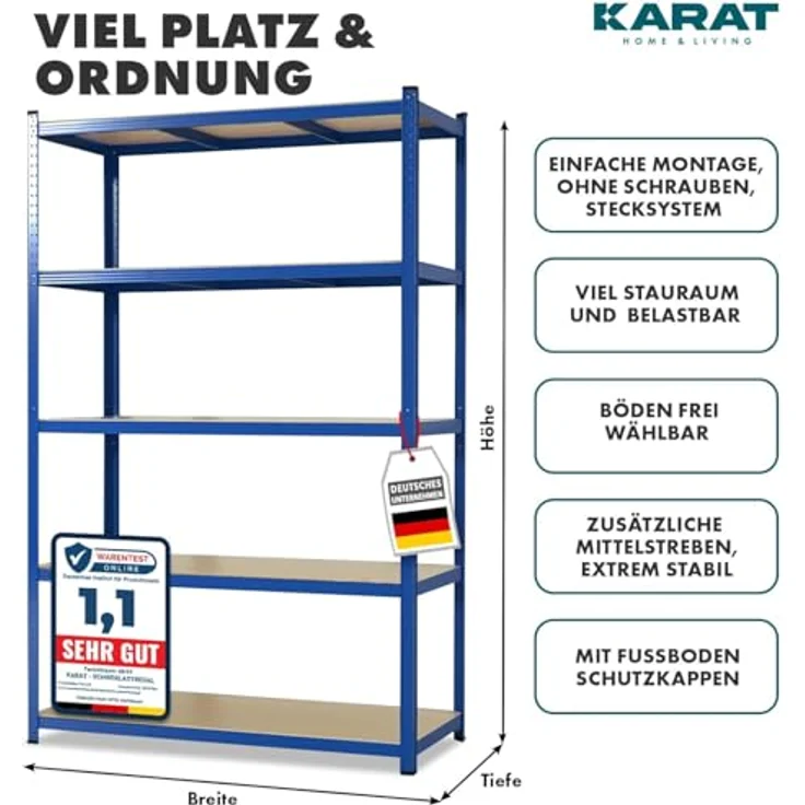 KARAT Schwerlastregal, 2er Set - Steckregal, Kellerregal, Lagerregal - 5 verstellbare Böden (Blau, 50 x 100 x 200 cm) – Bild 3