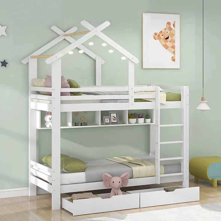 Merax Etagenbett mit Schubladen und Regalen, Hausbett mit dreistufige rechtwinklige Leiter, Kinderbett mit Fallschutz und Gitter, Rahmen aus Kieferholz, Weiß (90x200cm) – Bild 2