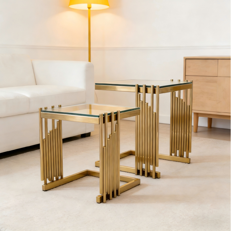Beistelltisch-Set 41 x 41 x 46 cm in Gold und Klar mit Glasplatte und Edelstahlgestell – Bild 4