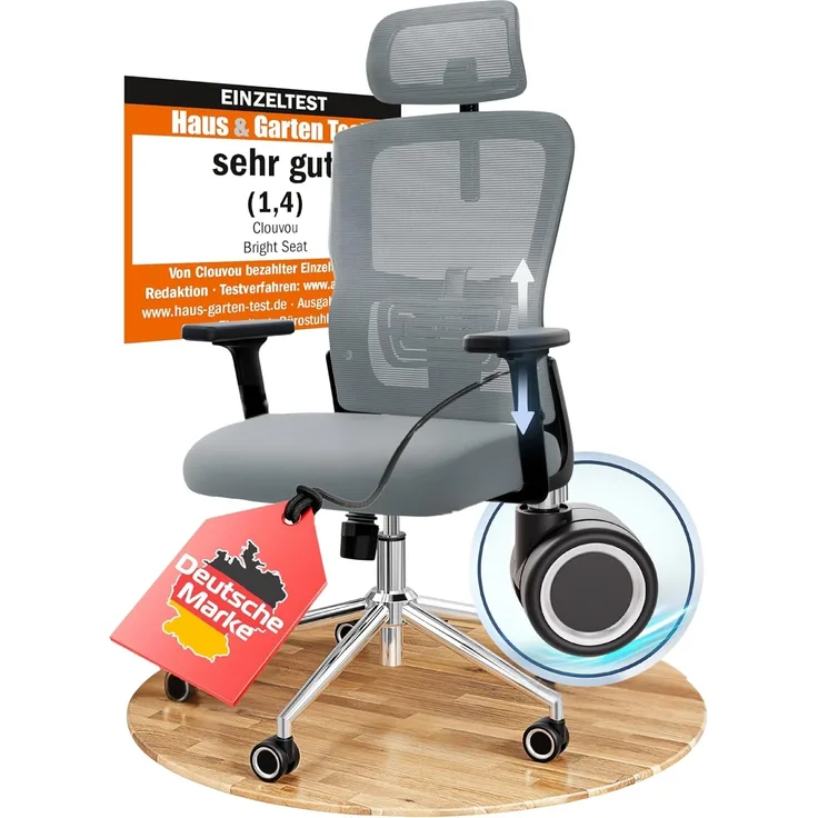 CLOUVOU BrightSeat Bürostuhl Ergonomisch [TESTSIEGER] Schreibtischstuhl 100% individuell einstellbar | Büro Stuhl & Gaming Stuhl | Computerstuhl Home Office Chair Ergonomic | Drehstuhl 150 kg
