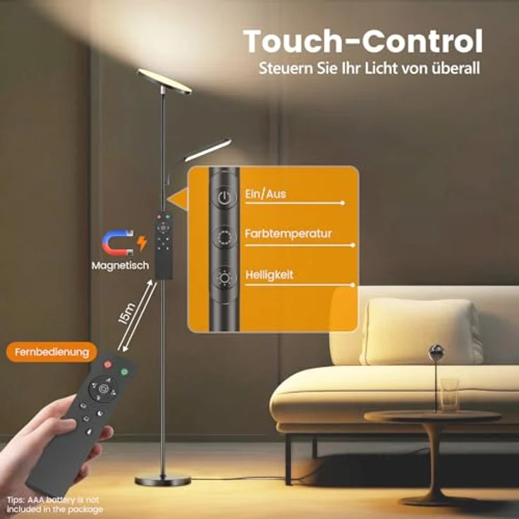 Stehlampe Wohnzimmer, 42W Deckenfluter mit Leselampe, 4200LM LED Stehlampe Dimmbar mit 2700K-6500K Farbtemperatu, Moderne Standleuchte mit Fernbedienung & Touch-Steuerung für Wohnzimmer Schlafzimmer – Bild 7
