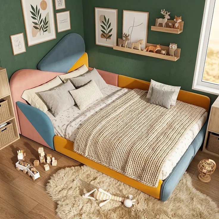 TavilaEcon Polsterbett Weiches Bodenbett mit gepolstertem Kopfteil & Fallschutz Blau+Pink+Orange Liegefläche 140 × 200 cm