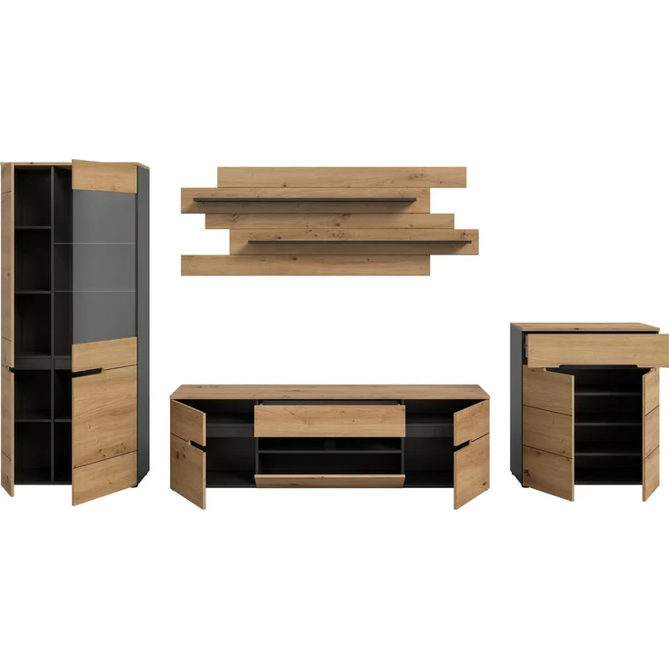 Home affaire Wohnwand REHAT, TOPSELLER!, 4-teilig, Breite 375 cm, individuell stellbar, (4-St, Set bestehend aus: Vitrine, Lowboard, Wandboard und Kommode), Kombination, Anbauwand, Set, Wohn-Set, Wohnzimmer-Set, Schrankwand – Bild 3