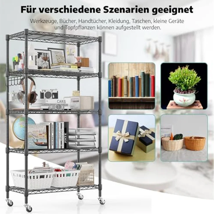 Himimi 5-Draht-Regal mit Rollen, Metall-Aufbewahrungsregal, höhenverstellbar, stehendes Aufbewahrungsregal für Waschküche, Badezimmer, Küche, Speisekammer, Schrank, 76 x 35 x 158 cm, Schwarz – Bild 8