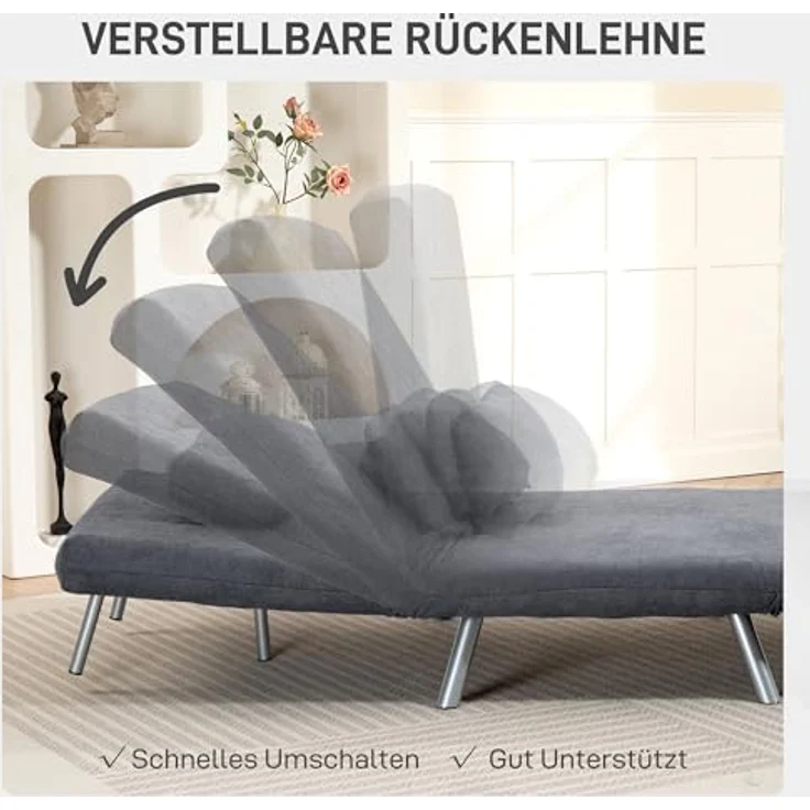 HOMCOM Schlafsofa mit verstellbarer Rückenlehne, abnehmbar Kissen, Samtoptik, 3-in-1 Schlafsessel 1 Teile, bis 120 kg, für Wohnzimmer, Schlafzimmer Dunkelgrau – Bild 6