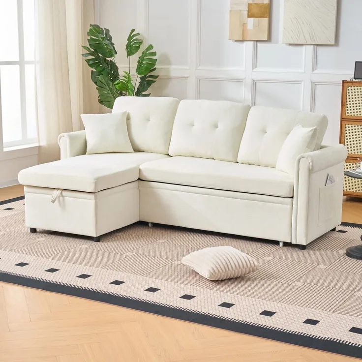 Ecksofa Schlafsofa, mit Bettkasten Schlaffunktion Stauraum beidseitig montierbar L-Form für Wohnzimmer oder Gästezimmer, Samt, Beige, —