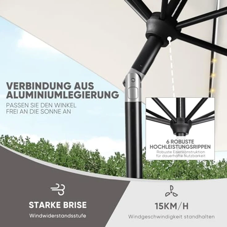 Sekey Sonnenschirm mit LED-Beleuchtung, Kurbel & UV50+, knickbar, Aluminium creme, 200 × 300 cm – Bild 4