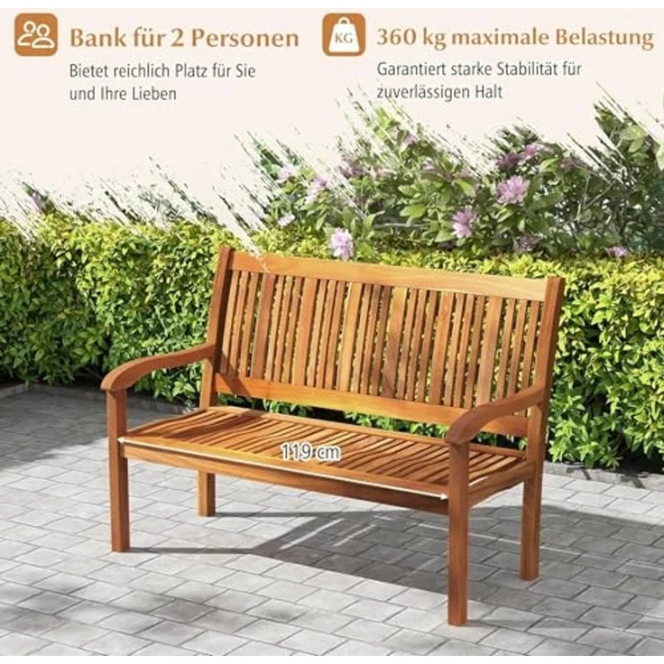FANTASK Gartenbank Holz, für 2-3 Sitzer, Balkonbank aus Akazienholz bis 320 kg belastbar, 126 x 63 x 91 cm, Natur – Bild 5