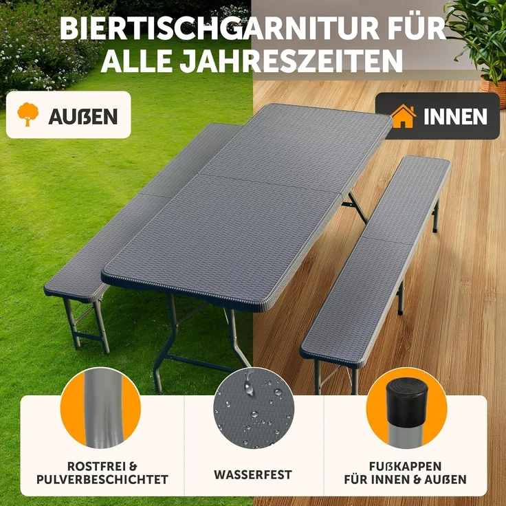 Blumtal Bierzeltgarnitur 3er Set - 2X Bierbank + 1x Biertisch - tragstarke Biertischgarnitur klappbar für 8 Personen - Bierbankgarnitur mit Tragegriff - Biergartengarnitur in Rattan-Optik Grau – Bild 6