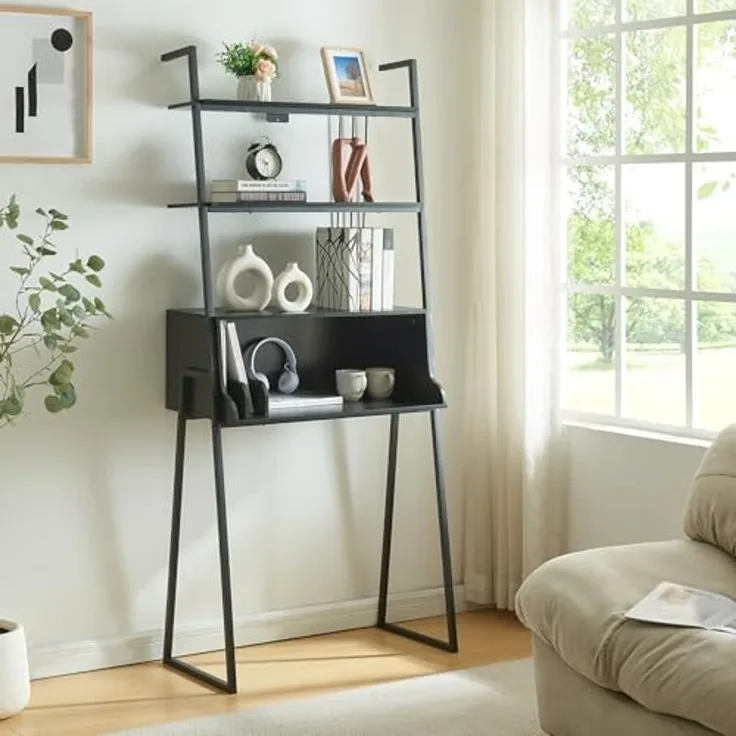 Schreibtisch Storfjord mit Leiterregal 184x80x40cm Schwarz [en. casa]