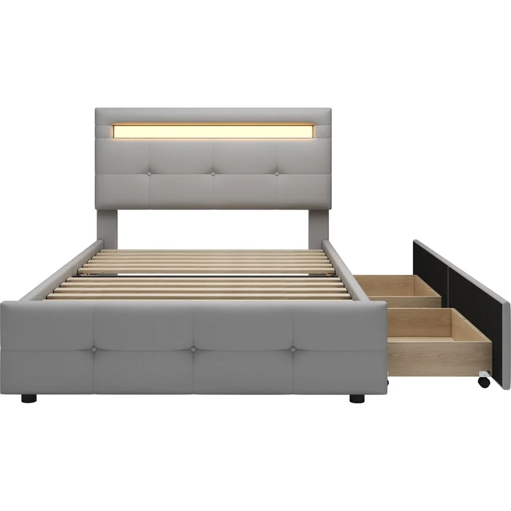 Polsterbett 90x200 cm mit LED-Beleuchtung und Schubladen – klassisches Design, höhenverstellbares Kopfteil – Bild 10