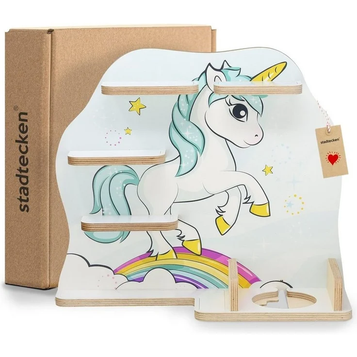 stadtecken Holzregal für Musikbox I passend für die Toniebox und ca. 35 Tonies I Perfekte Aufbewahrung im Kinderzimmer I zum Aufstellen oder Aufhängen (Einhorn) – Bild 1