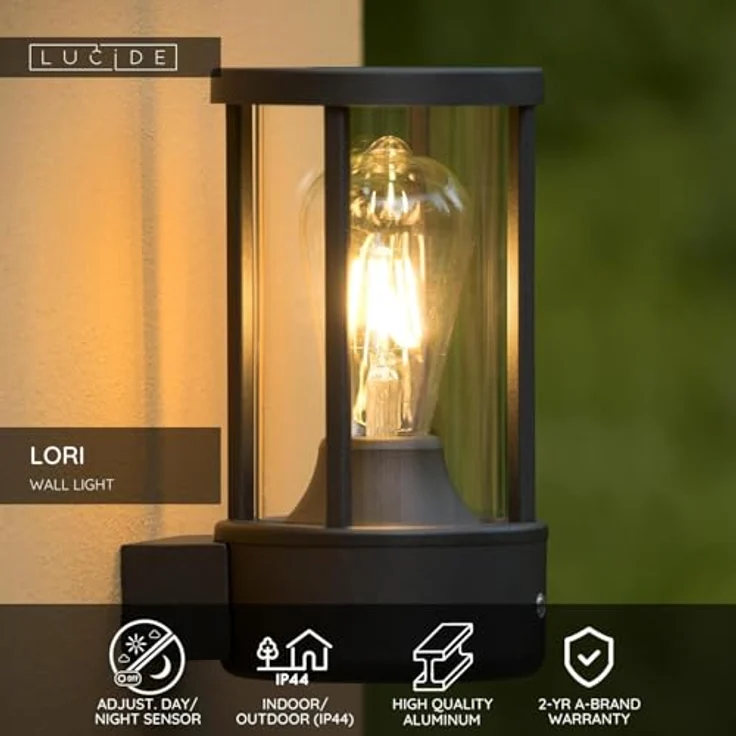 LUCIDE LORI Wandleuchte Innen/Außen, Ø 12 cm, 1xE27, IP44, Tag/Nacht-Sensor, anthrazit – Bild 3
