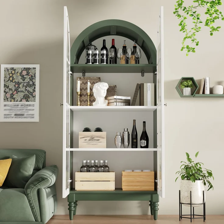 Bogen-Vitrinenschrank 165cm mit Riffelglas-Doppeltüren, 3 Einlegeebenen, 2 Farben (Dunkelgrün+Weiß)--Grün--76x38.5x165cm--YOUDENOVA – Bild 3