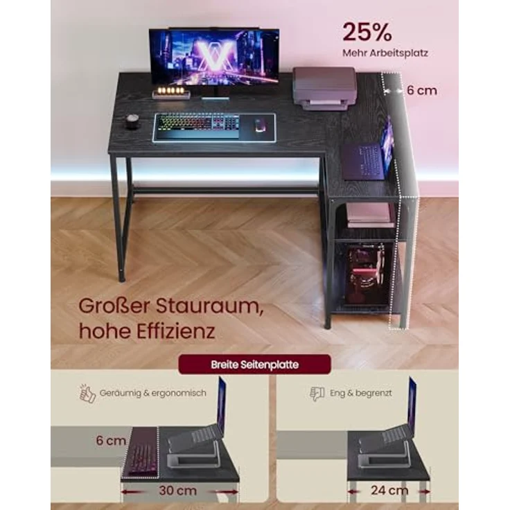 VASAGLE Eckschreibtisch in L-Form, Computertisch mit Stauraum, Bürotisch, höhenverstellbare Ablage, für Homeoffice, 110 x 80 cm, ebenholzschwarz LWD135BE01 – Bild 5