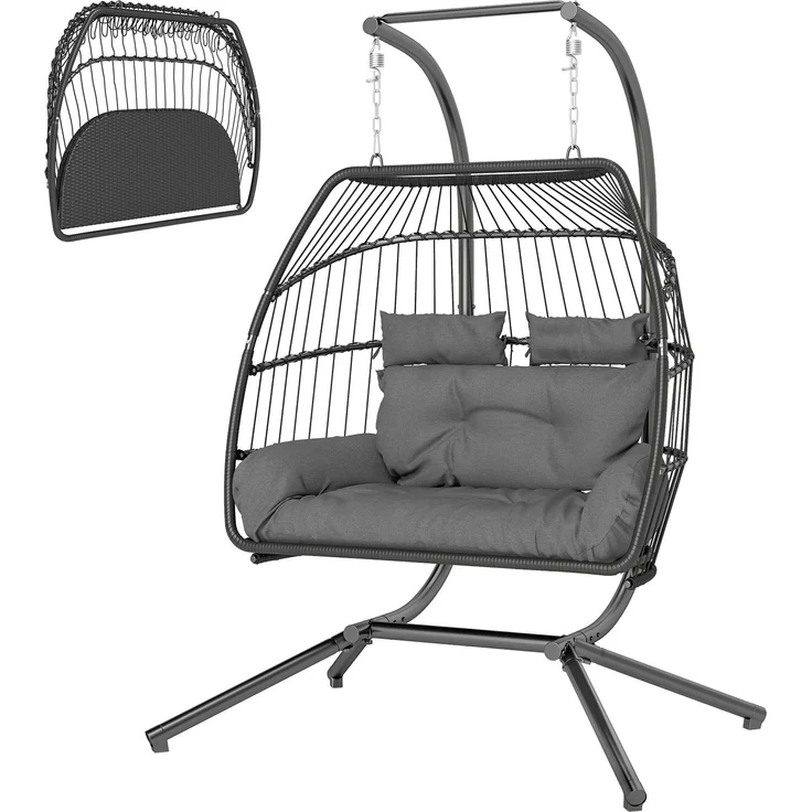 Hängestuhl, faltbarer Korbstuhl mit Kissen, Stahlrahmen, für drinnen und draußen, bis zu 260 kg belastbar, Dunkelgrau--Dunkelgrau--185x100x170cm--YOUDENOVA – Bild 2