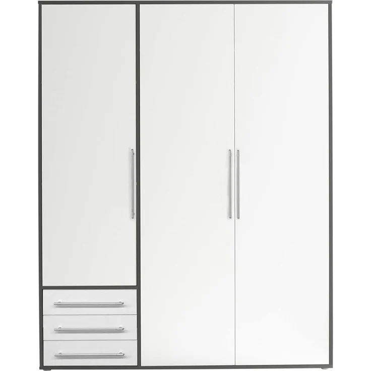 Stella Trading LYSS Kleiderschrank weiß mit Schubladen - Vielseitiger Schlafzimmerschrank 3-türig in Weiß, Graphitfarben - 155 x 194 x 58 cm (B/H/T)