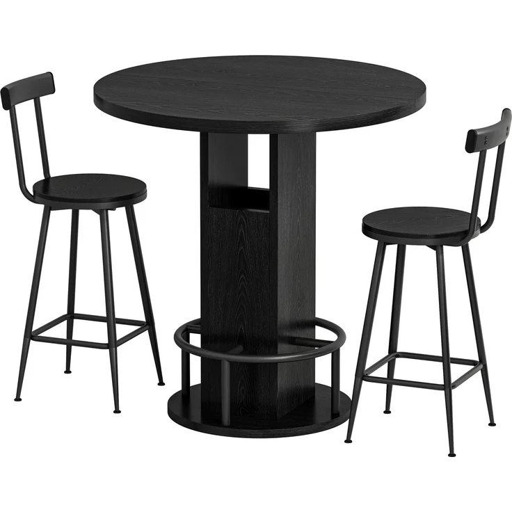 3-teiliges Bar-Tisch- und Hocker-Set 31,5-Zoll-Rundtisch mit zwei Hockern Holz-Esstisch mit ringförmiger Fußstütze aus Metall Geeignet für Esszimmer, Cafés, Bars, Wohnzimmer usw, Schwarz--Schwarz--80x80x91.5cm--YOUDENOVA – Bild 6