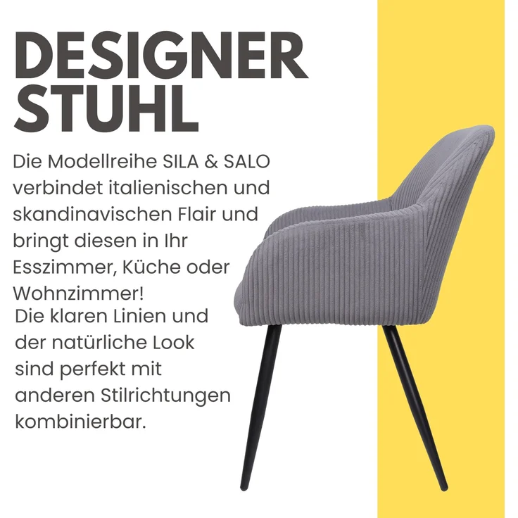 Albatros Esszimmerstuhl SILA – 2er Set Polsterstühle mit Armlehnen, Cord-Bezug | Küchen- & Esszimmerstühle für Küche, Wohnzimmer & Esszimmer | Esstisch Stühle | Grau – Bild 4