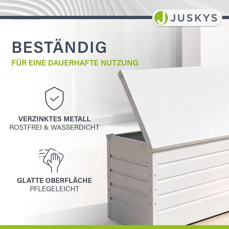 Juskys Metall Aufbewahrungsbox Limani 380 Liter - Outdoor Box - wasserdicht, abschließbar - Gartenbox, Auflagenbox, Kissenbox für Garten Weiß – Bild 7