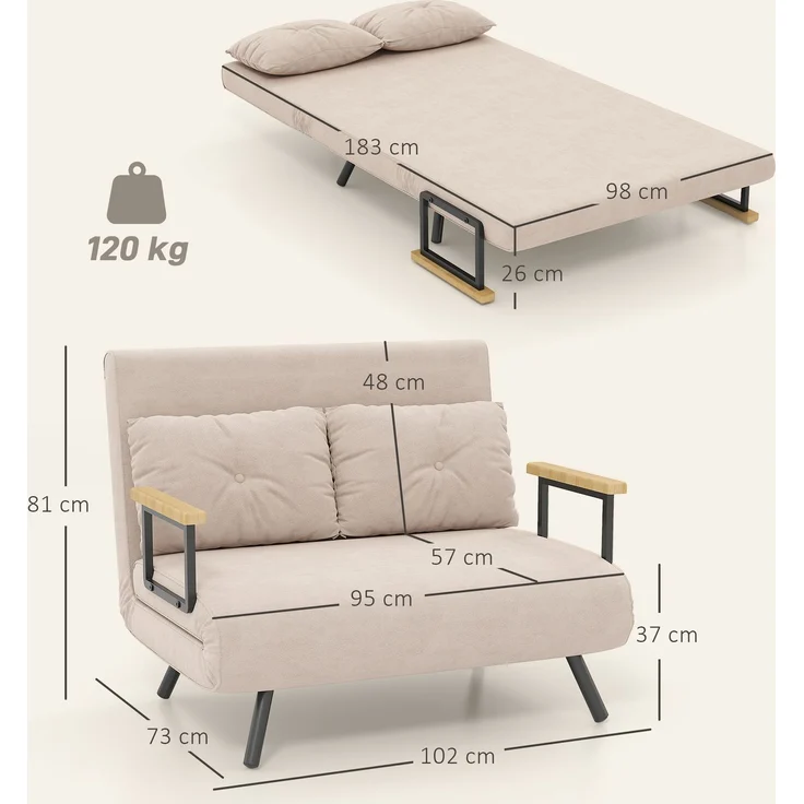 HOMCOM Relaxsessel mit Bettfunktion, Polstersofa mit verstellbarer Rückenlehne, Gästebett, Beige Samt, 102 x 73 x 81 cm – Bild 3