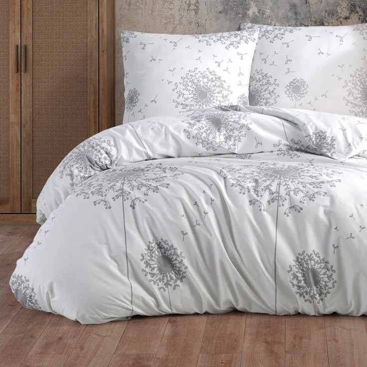 Buymax Bettwäsche Willow, Renforcé: 100% Baumwolle, 4 teilig, 155x220 cm, Bettbezug-Set mit Reißverschluss Blumen Blätter, Weiß Grau – Bild 1