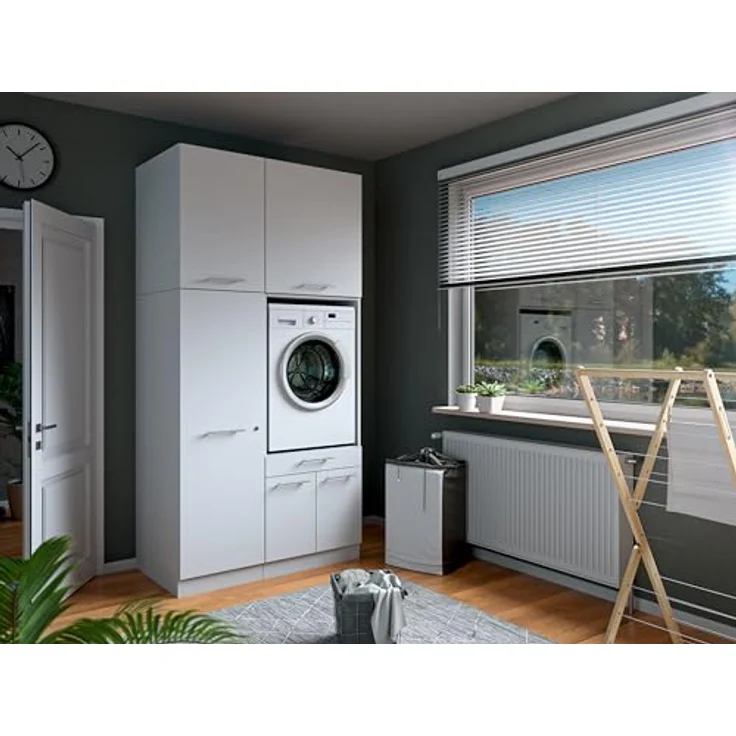 Laundreezy Waschraum Komplett-Set, Weiß - Modulares Schranksystem für Waschküche & Hauswirtschaftsraum - 118 x 238 x 68 cm (B/H/T) – Bild 2