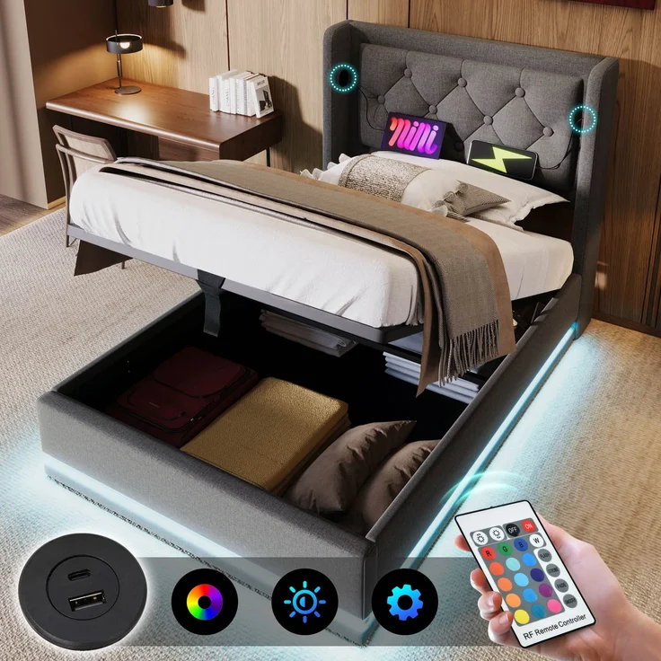 Polsterbett 90x200 cm Grau mit 3-seitiger LED-Beleuchtung, Wingback Kopfteil & USB Typ-C Ladefunktion,hydraulischer Stauraum,inklusive Matratze – Bild 2