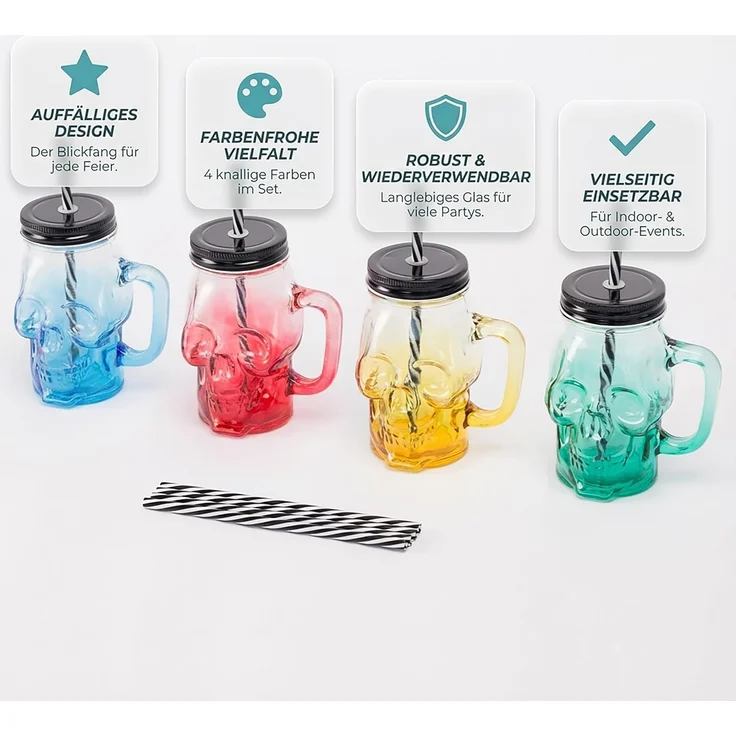 Relaxdays Trinkgläser mit Deckel 4er Set Totenkopf – Bild 7