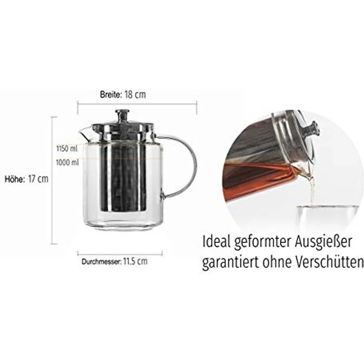 KVOTA Teekanne Glaskanne mit Edelstahl-Siebeinsatz und Deckel, 1L,Teebereiter, 1 l, (1-St), hochwertiges Borosilikatglas – Bild 7