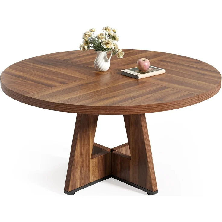 LITTLE TREE Runder Esstisch für 4–6 Personen, 119,9 cm Esszimmertisch mit Holzsockel, brauner Esstisch, runder Küchentisch für Esszimmer, Küche, Wohnzimmer (nur Tisch)