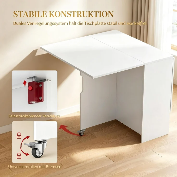 Mobiler Couchtisch,Klappbarer Rollentisch mit integriertem Stauraum für flexiblen Einsatz,Klapptisch,Funktionaler Beistelltisch,Erweiterbarer Esstisch(nur mit 1pcs Esstisch)--Weiß--95x90x35cm--YOUDENOVA – Bild 7