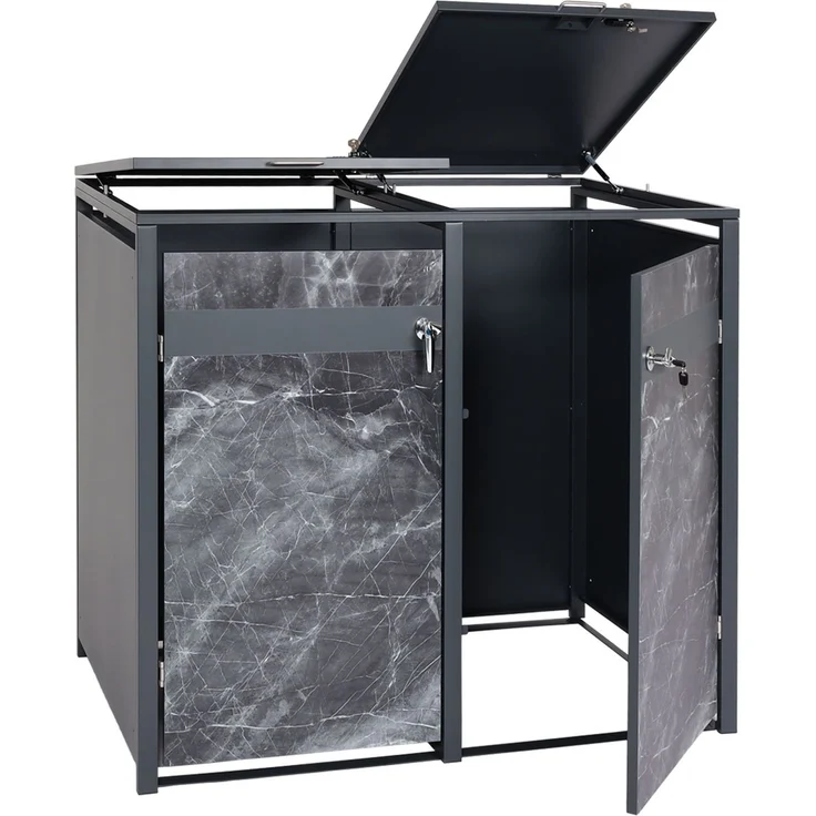 2er Mülltonnenverkleidung HWC-J82, Mülltonnenbox, erweiterbar, Metall 50kg, anthrazit ~ Marmor-Optik dunkel – Bild 4