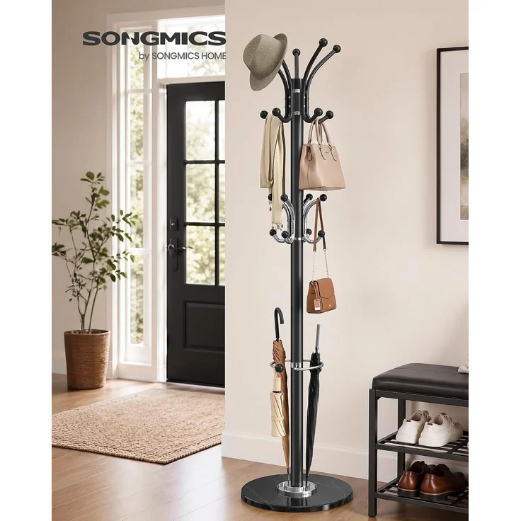 SONGMICS Garderobenständer mit Schirmständer und Marmorfuß, 18 Haken, Drehbares Oberteil, 38 x 38 x 178 cm, Schwarz – Bild 2