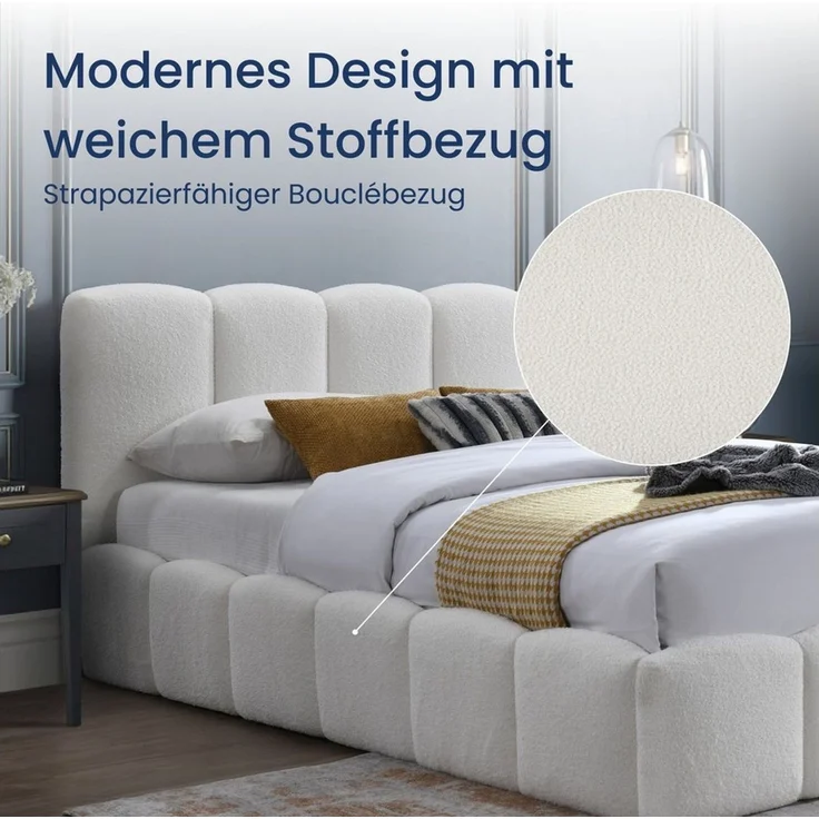 Home Collective Polsterbett Doppelbett Bettgestell mit Lattenrost weicher Bezug (Doppelbett mit gepolstertem Kopfteil, robustes Gestell, hoher Liegekomfort), weiche Steppung im Bouclé-Look, Creme, 180x200 cm – Bild 2