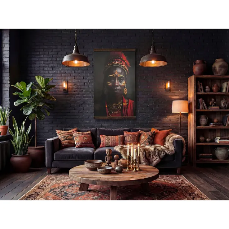 Woodkings Canvas Wandbild 90x150 Queen of Colors Ethno Portrait Boho-Stil mit Altholz Afrikanisches Leinwandbild Hochformat XXL Wanddeko