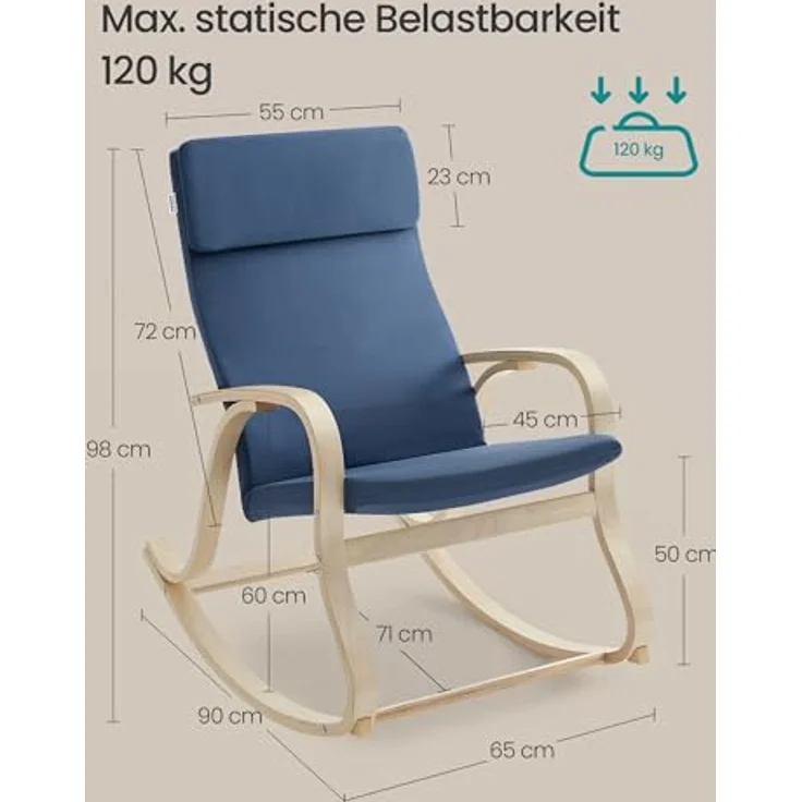 SONGMICS Schaukelstuhl, Schwingsessel, Relaxstuhl, Belastbarkeit 120 kg, Gestell aus Birkenholz, Bezug aus Baumwolle, mitternachtsblau LYY030Q01 – Bild 4