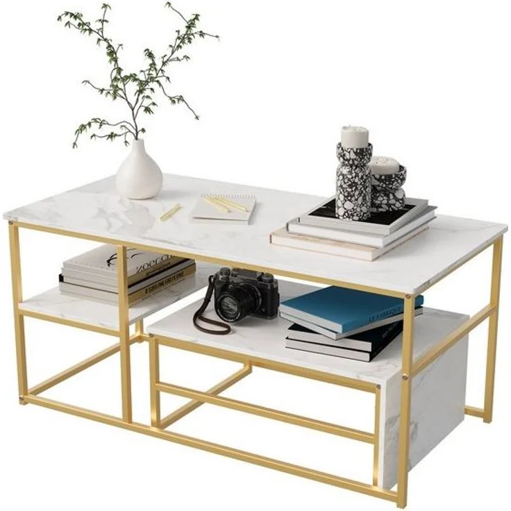 FUROKOY Couchtisch Beistelltisch Sofatisch wohnzimmertisch kaffeetisch 2er set (Quadratische,Set 2 in 1), Modern design Couchtisch mit goldenen beinen,Marmoroptik,Gold + Weiß – Bild 4