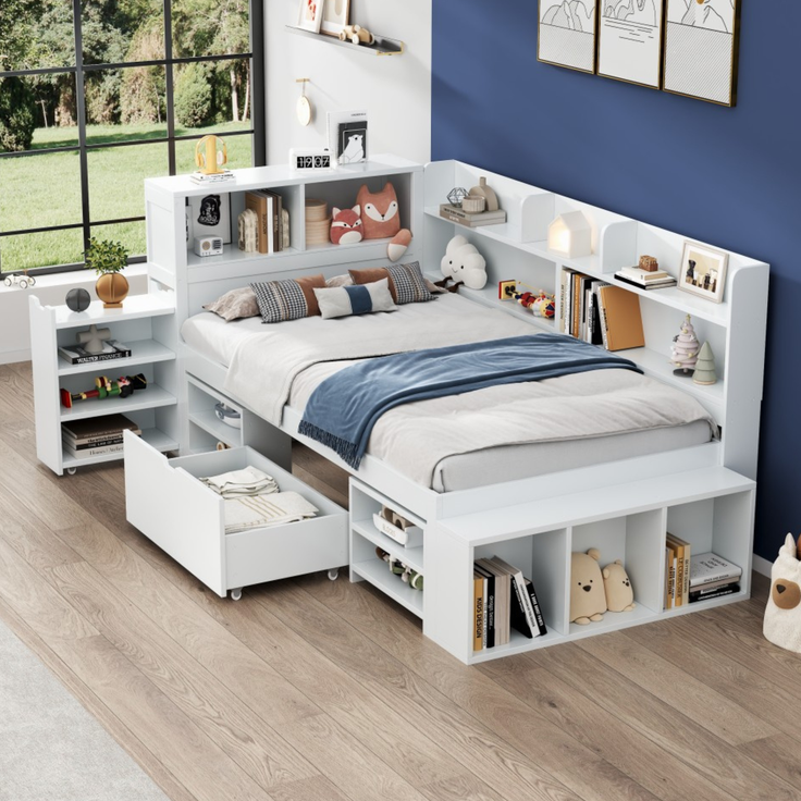 Merax Kinderbett mit Schubladen, Bücherregal & Stauschrank, mit Lattenrost, ohne Matratze, Plywood weiß, 90 x 200 cm – Bild 2