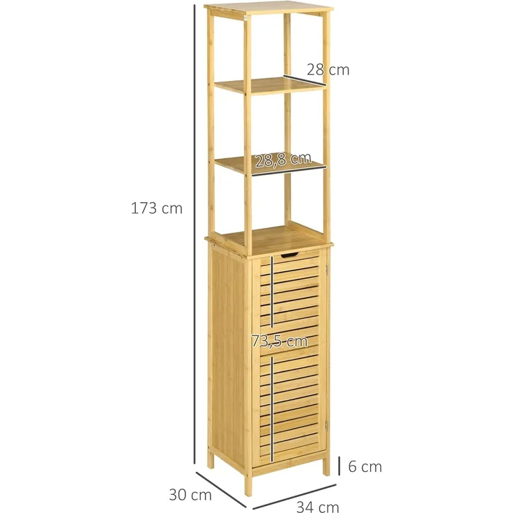 Kleankin Badkommode Badschrank mit 3 offenen Fächer und 1 Schrank (Badmöbel, 1 St, Badezimmerschrank), Natur 34 x 30 x 173 cm – Bild 3