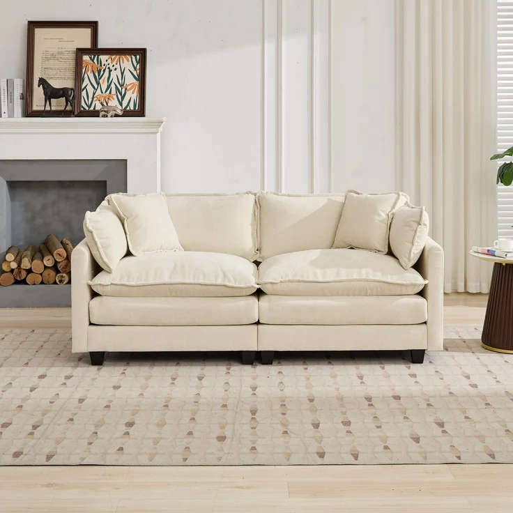 ZUBALIYA Sofa mit LED - Beleuchtung, mit Chenille - Bezug, mit Cordbezug, modular aufgebaut, aus Chenille, Beige – Bild 2