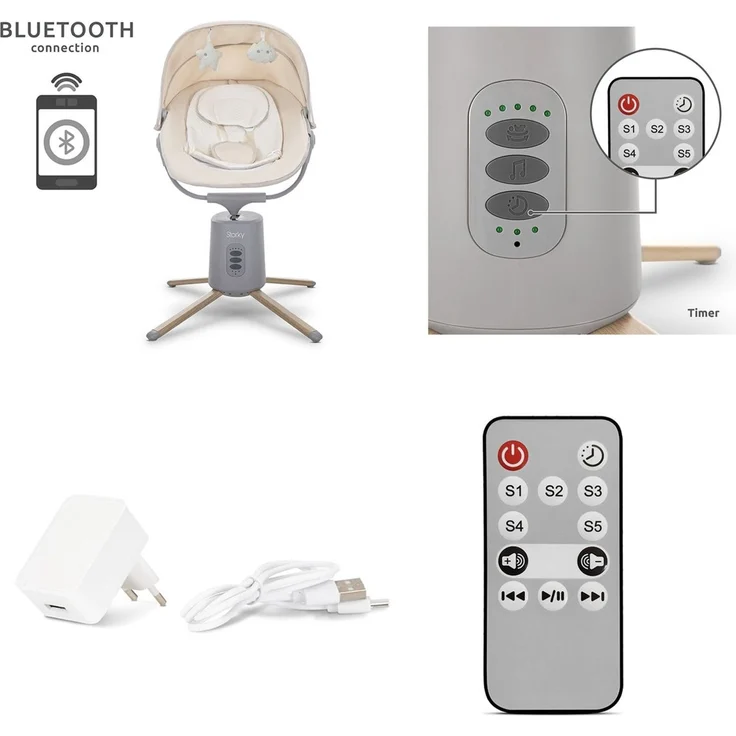 Lorelli Babywippe Storky Musik Bluetooth Fernbedienung Plüschtiere Timer Gurt grau – Bild 4