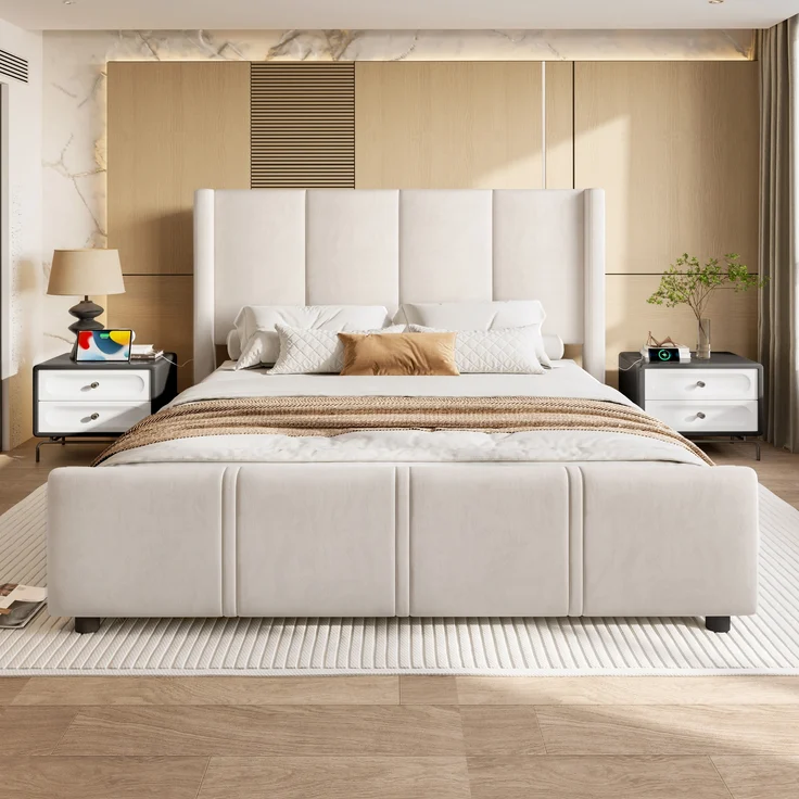 LVHOM Polsterbett hohem Kopfteil & Fußteil 140x200 cm Bettgestell, integriertem USB/Type-C-Anschluss und hochwertigem Samtstoff, Doppelbett – Bild 2