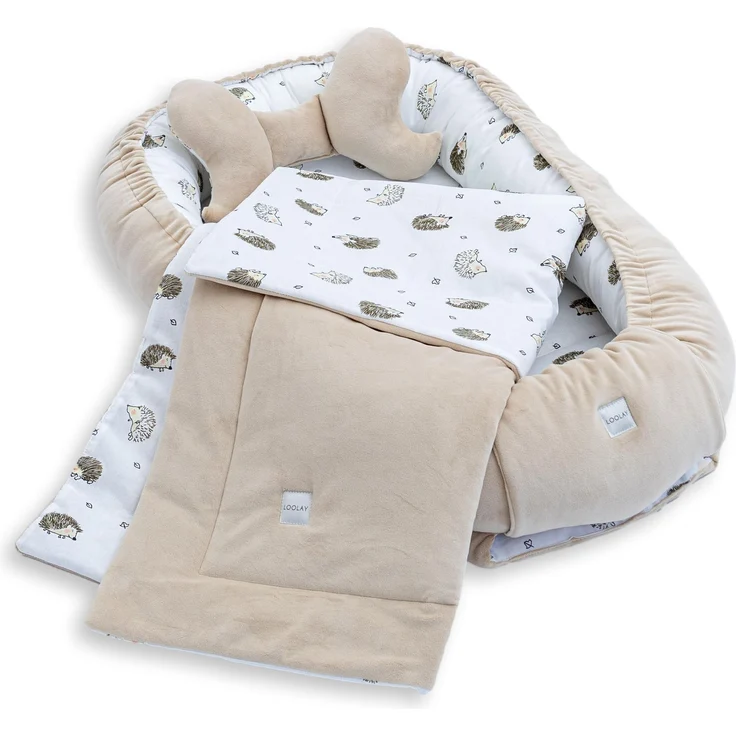 LOOLAY Babynest, Nestchen für Neugeborene – Baby Nestchen 91 × 63 cm mit Decke, Tragbares Nest aus Samtvelours & Baumwolle – Wendbares, Ganzjährig Nutzbares babynestchen (Igel Braun)