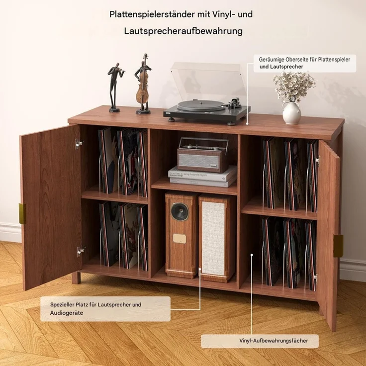 Sideboard Plattenspieler-Schrank 120x40x79 cm, Vinylregal mit Rillentüren und 16 Fächern, Braun – Bild 6