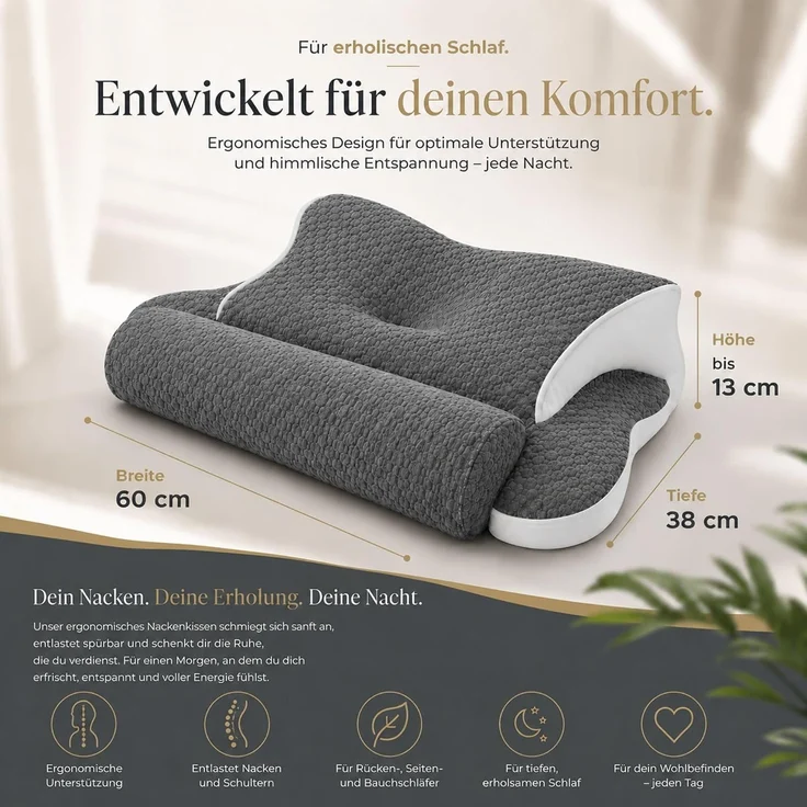 EXKLUSIV HEIMTEXTIL Ergonomisches Nackenstützkissen für Rücken, Seiten & Bauchschläfer - Memory Foam - hautfreundlicher Bambus Bezug - OEKO TEX® zertifiziert - 2in1 Funktion – Bild 2